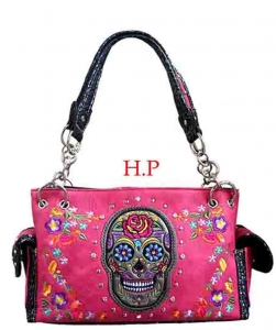 Western Sugar Skull Floral Embroidered Concealed Carry Handbag  GSK939W117 HOTPINK